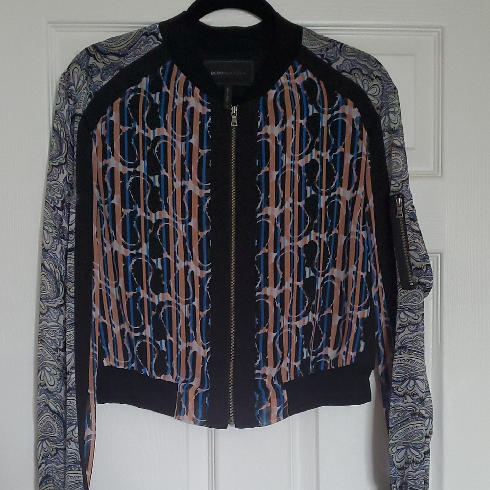 BCBGMaxAzria Black and Blue Patterned Bomber Jacket
